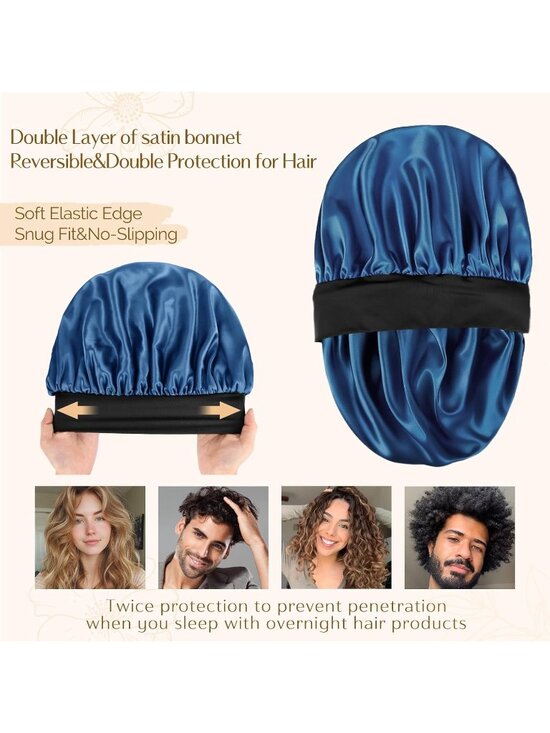 〽️Women Navy Blue Silk Bonnet Sleeping Double Layer Satin Natural Curly Hair Cap main image 5
